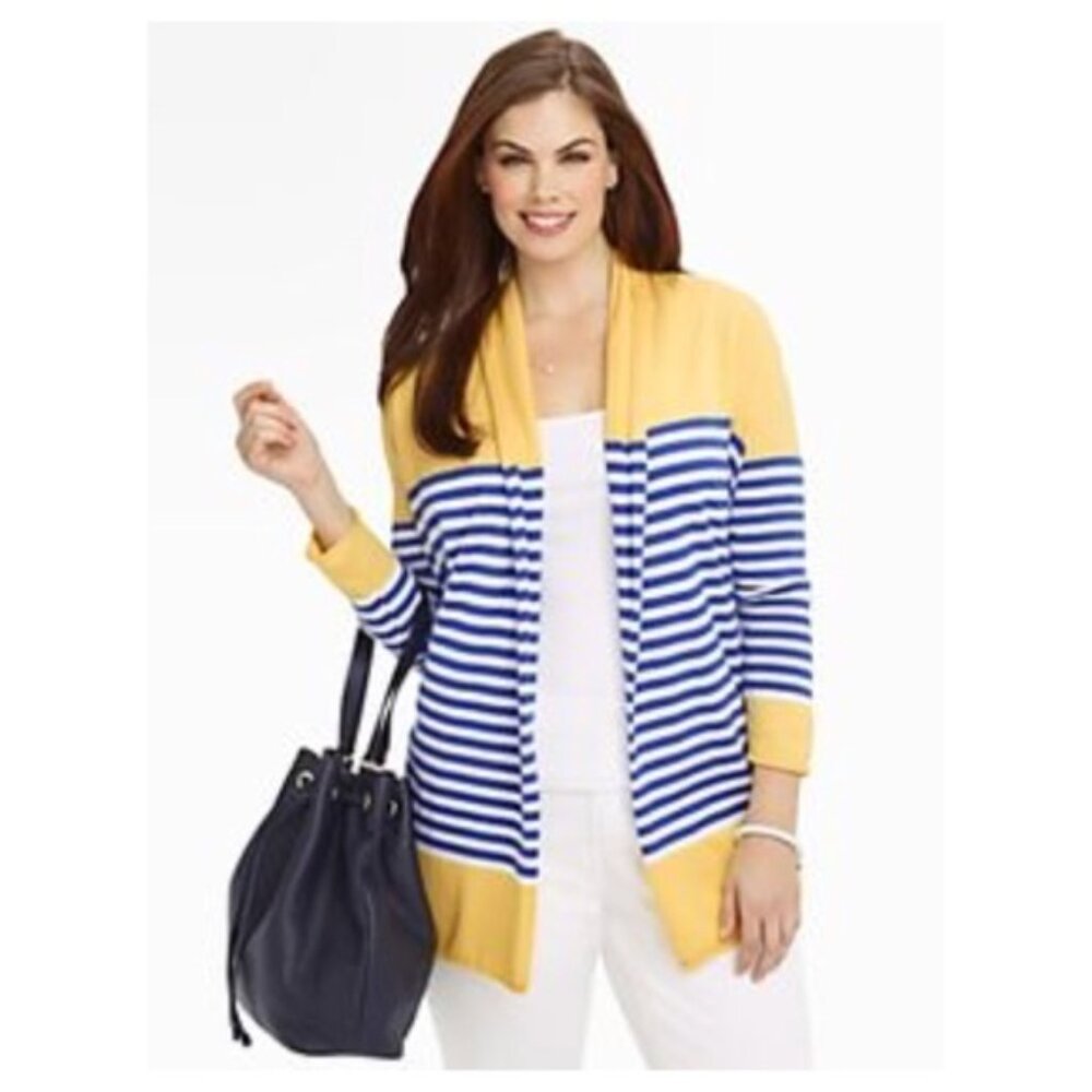 Talbots Blue Yellow White Stripe Cotton Blend Cardigan Sweater Sz petites M